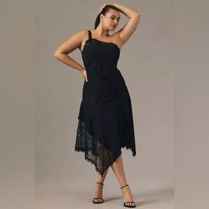 Anthropologie Black Asymmetrical Lace Midi Dress